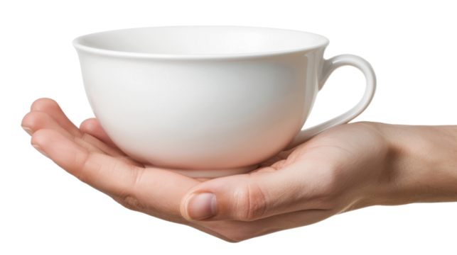 Woman hand holding empty white cup on transparent background