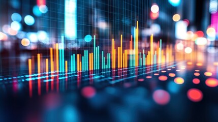 Colorful data visualization over a cityscape backdrop