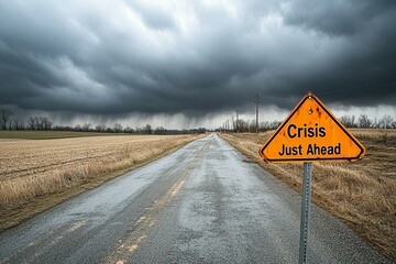 A weathered road with a warning of crisis ahead under stormy skies