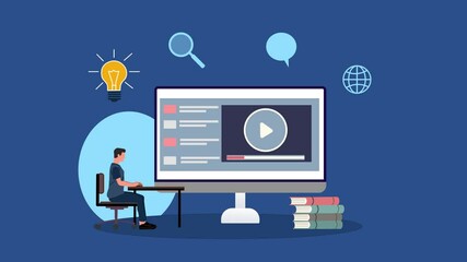Online Learning using video Content Concept Animation. Young Male In Virtual Education Character Cartoon on Computer Screen - Powered by Adobe