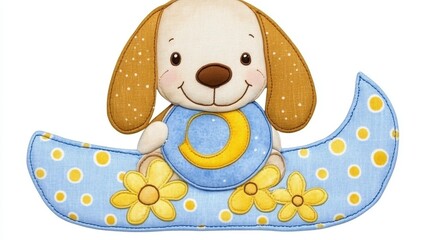 Cute Cartoon Dog with Blue Blanket and Yellow Flowers for Babies