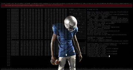American football player standing over digital code and data processing animation - Powered by Adobe