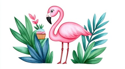 Fototapeta premium Pink Flamingo with Cupcake Surrounded by Tropical Leaves