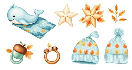 Naklejka premium Cute Baby Boy Autumn Winter Clipart Set Whale Hats Leaves