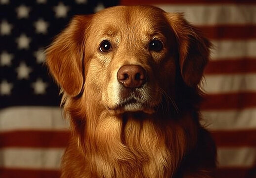 A portrait of a cute golden retriever with an American flag backdrop conveys loyalty and patriotism - Powered by Adobe