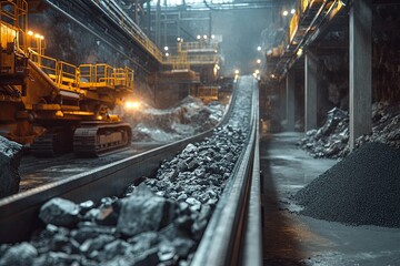 Conveyor belt transporting raw materials inside a mine shaft