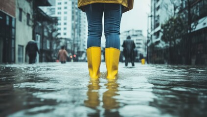 Person in Yellow Rain Boots Walking Through City Floodwaters