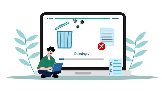 Person Cleaning Laptop From Trash Files Design Animation. Delete unnecessary Document and useless archive from Computer. Animated Cartoon Character Deleting Bar.
