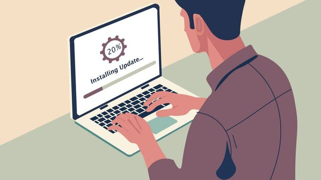 Man Installing Update on laptop screen. Angle back view 9f a person working on software Update Concept Cartoon Animation. Application Updated Successfully