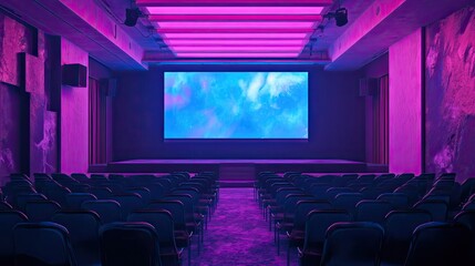 Modern Movie Theater with Colorful Ambient Lighting and Screen
