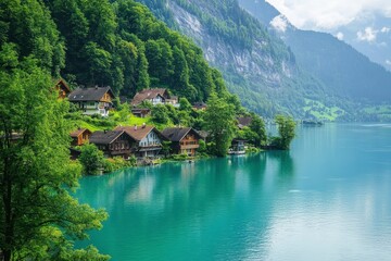Fototapeta premium Lakeside Village in Lush Green Valley Teal Water, Wooden Houses, Tranquil Daylight Scene