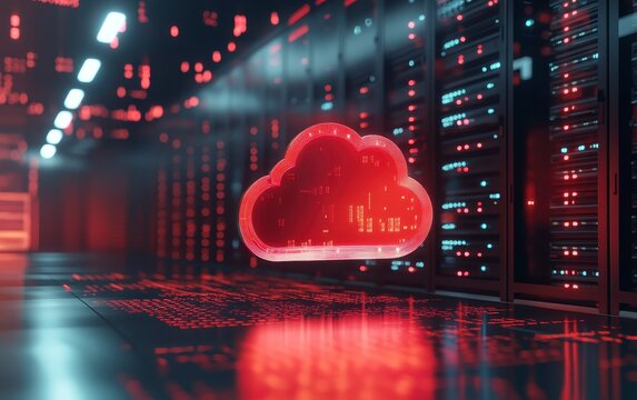 Red Glowing Cloud Data Hovers Over Dark Server Room Floor - Powered by Adobe