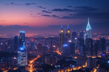 Obraz premium Stunning City Skyline at Dusk Twinkling Lights Against Evening Sky