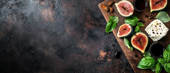 Exquisite Presentation of Fresh Figs, Ricotta Cheese, and Fresh Basil on Rye Bread
