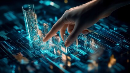 Hand Interacting with Glowing Digital Cityscape on Circuit Board