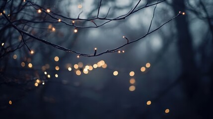 Enchanting bokeh lights adorning barren branches in serene winter atmosphere