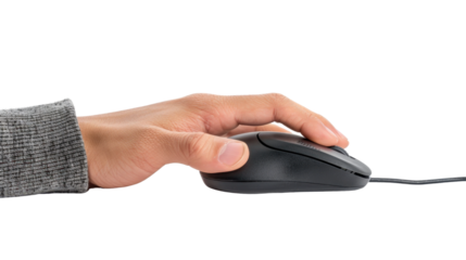 Close-up hand using a wired mouse on transparent background