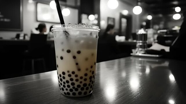 A close-up of a bubble tea drink on a wooden table in a bustling caf? with patrons in the background