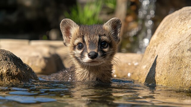 Baby olingo in water, natural habitat