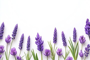 Fototapeta premium Delicate lavender blossoms arranged in a horizontal border on a white background. A close-up view highlights the vibrant purple hues and lush green leaves