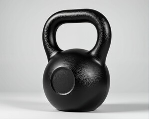 A black kettlebell with a textured surface, designed for strength training and fitness, placed on a neutral background.