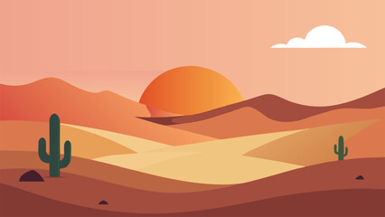 A minimalist desert scene with rolling dunes, a single cactus, and a warm gradient sunset in vector art