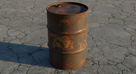 Naklejka premium Rusty metal barrel stands on a concrete floor, illustrating concepts of decay, industry, and storage.