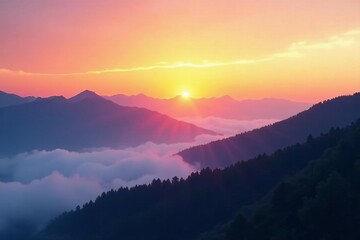 Obraz premium Foggy mountain landscape at sunrise, serene beauty of nature, fog, nature