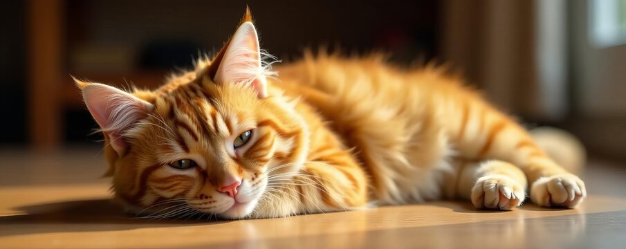 Fluffy ginger cat resting peacefully on wooden floor, feline, ginger - Powered by Adobe