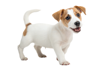 border collie puppy looking up, isolated on white background