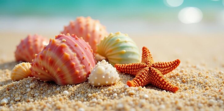Colorful seashells with a starfish on sandy beach, sand, beach - Powered by Adobe