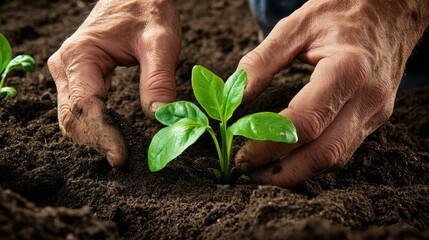 Closeup view of hands of gardener working in field planting flowers.