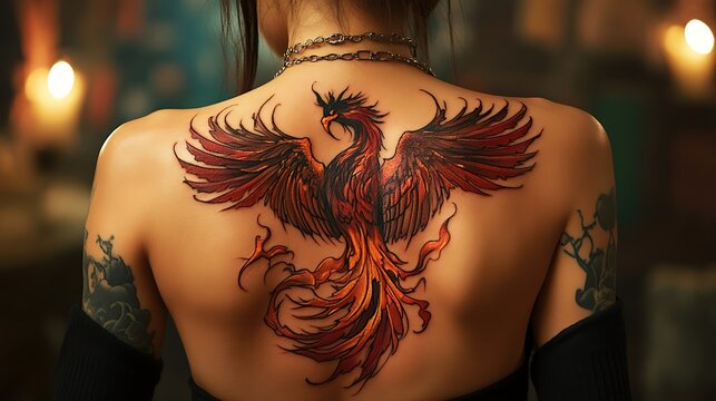 A womans back displays a vibrant phoenix bird tattoo design