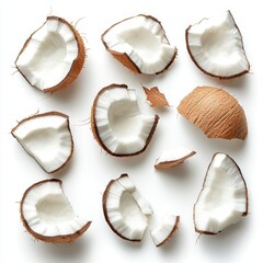 Aesthetic Layout of Coconut Shells and Coconut Flesh on White Background for Culinary and Natural Lifestyle Concepts