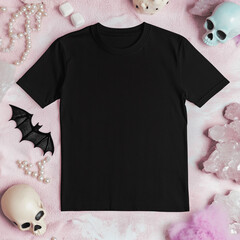 blank black t-shirt with skull and bat decoration mockup
