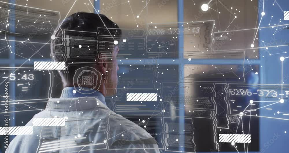 Poster digital network and data processing animation over person in lab coat