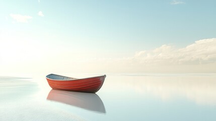 Naklejka premium Solitary rowboat resting on tranquil water against a dreamy pastel sky backdrop