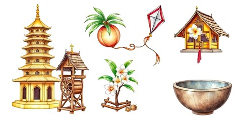 Asian Culture Pagoda Temple Kite Flower Bowl Illustration