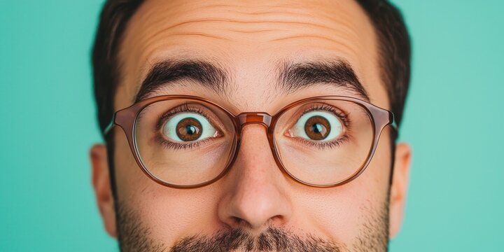 Comic Genius Expression Concepts. Surprised man with glasses against a teal background.