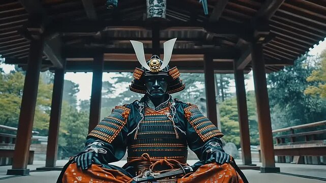A serene samurai in traditional armor meditating in a tranquil Japanese temple garden