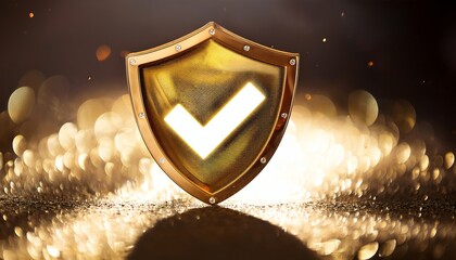 A golden shield with a checkmark, set against a sparkling backdrop, symbolizes security, trust, and protection.
