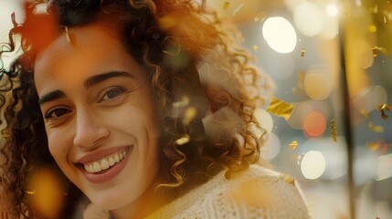 Close-up portrait of a beautiful young woman with curly hair, smiling and standing at a bus stop on an autumn evening. Shimmering confetti is flying around. The color tone is warm.