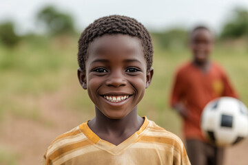 Smiling young african ghanaian boy wearing a yellow striped shirt standing outdoors in a grassy field with a friend holding a soccer ball in the background