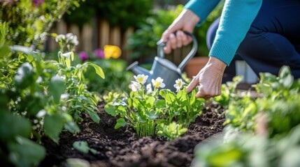 Closeup view of hands of gardener working in field planting flowers.
