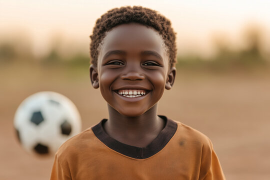 Happy young african ghanaian boy with short curly hair wearing a brown soccer jersey smiling brightly on a dusty field with a soccer ball in the background during sunset
