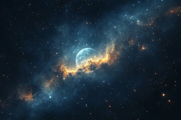 A bright moon surrounded by cosmic nebulae and scattered stars