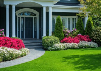 Obraz premium Beautiful exterior view of a modern home with vibrant flower beds, lush greenery, and elegant architectural features, showcasing a serene landscape.