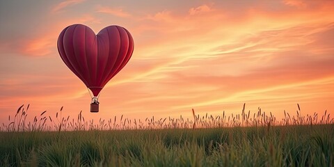 Fototapeta premium Heart Shaped Hot Air Balloon Sunset Over Field