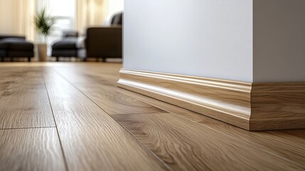 A plastic skirting board with a wood texture, designed to complement parquet or laminate flooring in a light wood tone