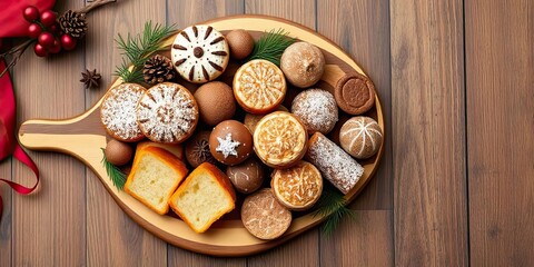 Festive Christmas Treats on Wooden Board Holiday Baking Delicious Cookies Bread